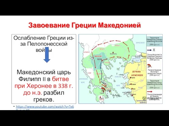 Завоевание Греции Македонией Ослабление Греции из-за Пелопонесской войны Македонский царь Филипп II