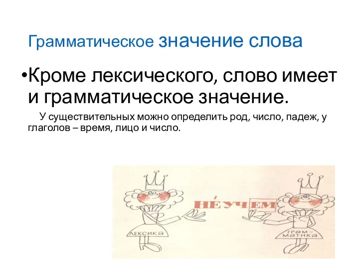 Грамматическое значение слова Кроме лексического, слово имеет и грамматическое значение. У существительных