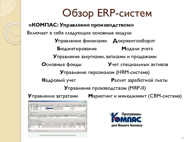 Обзор ERP-систем «КОМПАС: Управление производством» Включает в себя следующие основные модули Управление