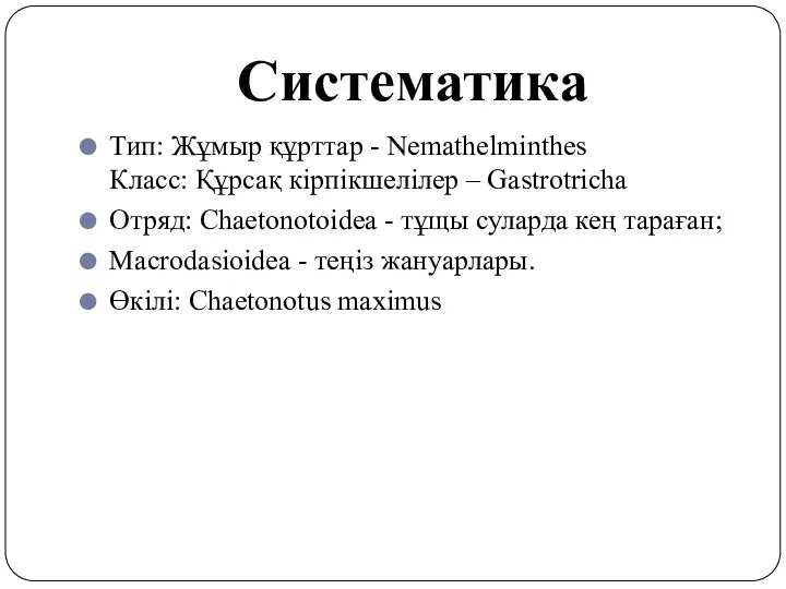 Систематика Тип: Жұмыр құрттар - Nemathelminthes Класс: Құрсақ кірпікшелілер – Gastrotricha Отряд: