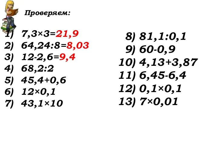 Проверяем: 7,3×3=21,9 64,24:8=8,03 12-2,6=9,4 68,2:2 45,4+0,6 12×0,1 43,1×10 8) 81,1:0,1 9) 60-0,9