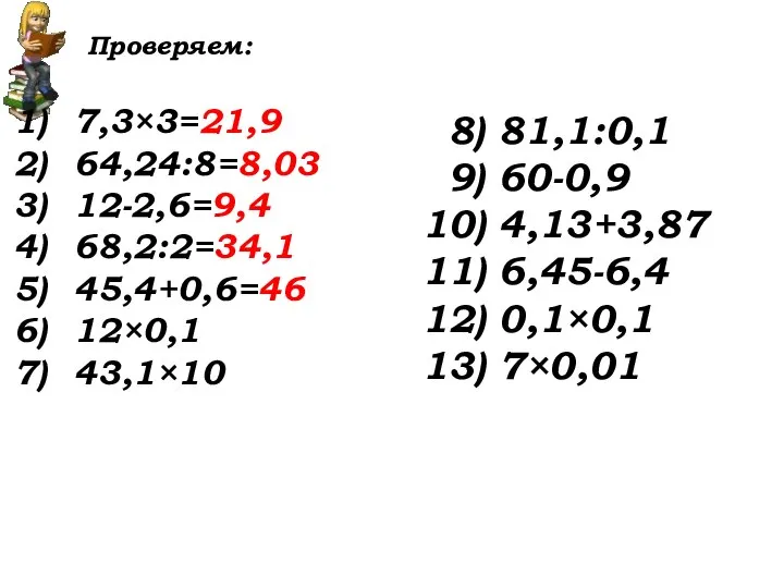 Проверяем: 7,3×3=21,9 64,24:8=8,03 12-2,6=9,4 68,2:2=34,1 45,4+0,6=46 12×0,1 43,1×10 8) 81,1:0,1 9) 60-0,9