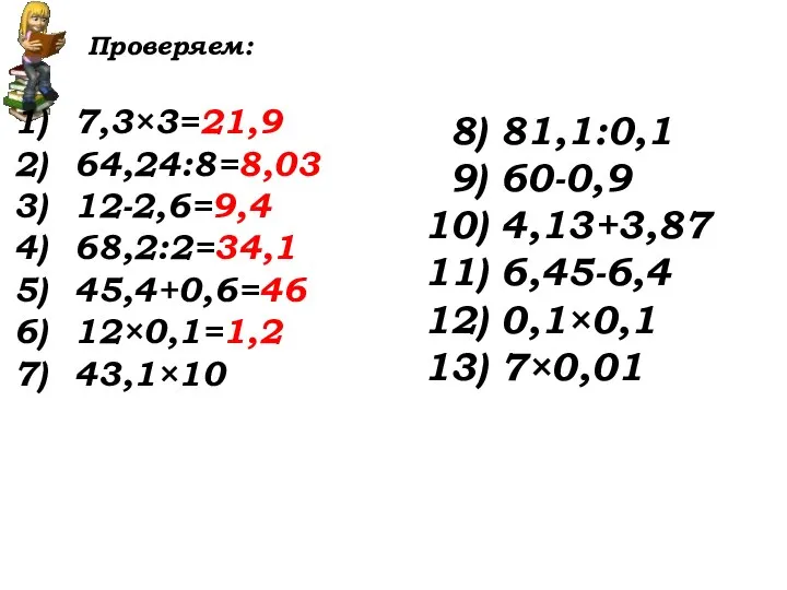 Проверяем: 7,3×3=21,9 64,24:8=8,03 12-2,6=9,4 68,2:2=34,1 45,4+0,6=46 12×0,1=1,2 43,1×10 8) 81,1:0,1 9) 60-0,9