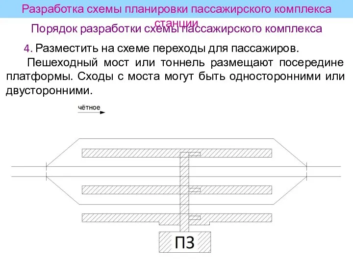 4. Разместить на схеме переходы для пассажиров. Пешеходный мост или тоннель размещают