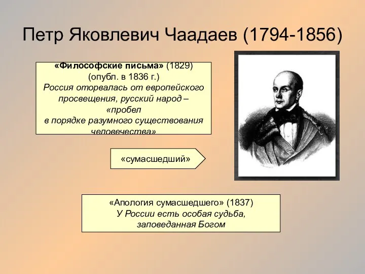 Петр Яковлевич Чаадаев (1794-1856) «Философские письма» (1829) (опубл. в 1836 г.) Россия