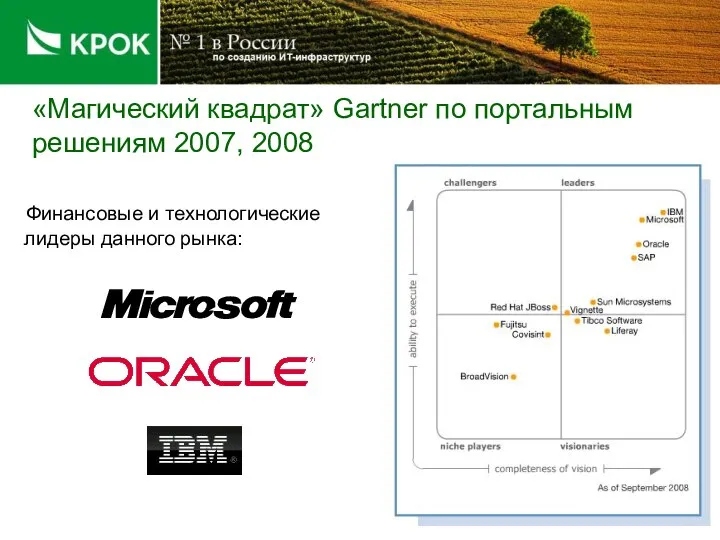 «Магический квадрат» Gartner по портальным решениям 2007, 2008 Финансовые и технологические лидеры данного рынка: