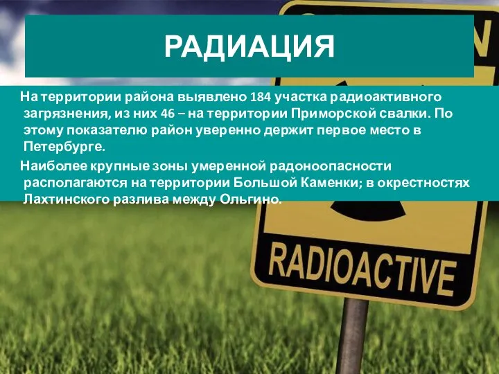 РАДИАЦИЯ На территории района выявлено 184 участка радиоактивного загрязнения, из них 46