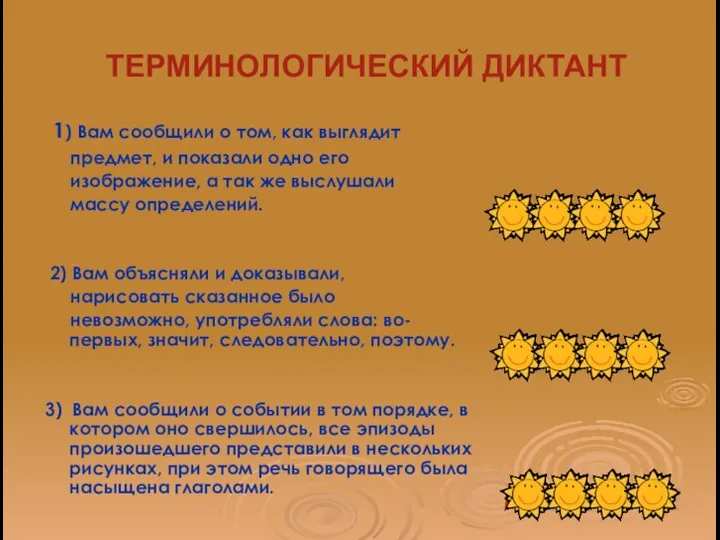 ТЕРМИНОЛОГИЧЕСКИЙ ДИКТАНТ 1) Вам сообщили о том, как выглядит предмет, и показали