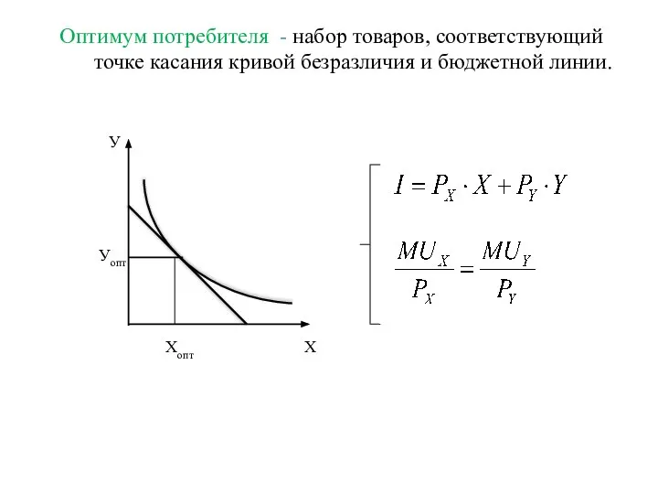 Оптимум потребителя - набор товаров, соответствующий точке касания кривой безразличия и бюджетной линии.