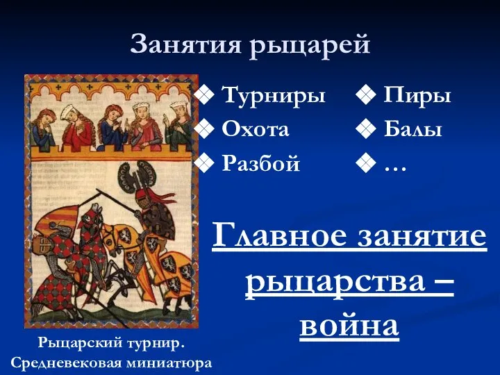 Занятия рыцарей Рыцарский турнир. Средневековая миниатюра Турниры Охота Разбой Пиры Балы …