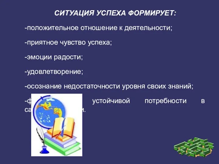 СИТУАЦИЯ УСПЕХА ФОРМИРУЕТ: -положительное отношение к деятельности; -приятное чувство успеха; -эмоции радости;