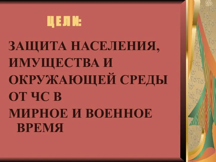 Ц Е Л И: ЗАЩИТА НАСЕЛЕНИЯ, ИМУЩЕСТВА И ОКРУЖАЮЩЕЙ СРЕДЫ ОТ ЧС