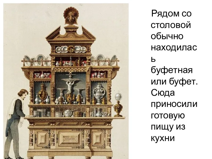 Рядом со столовой обычно находилась буфетная или буфет. Сюда приносили готовую пищу из кухни