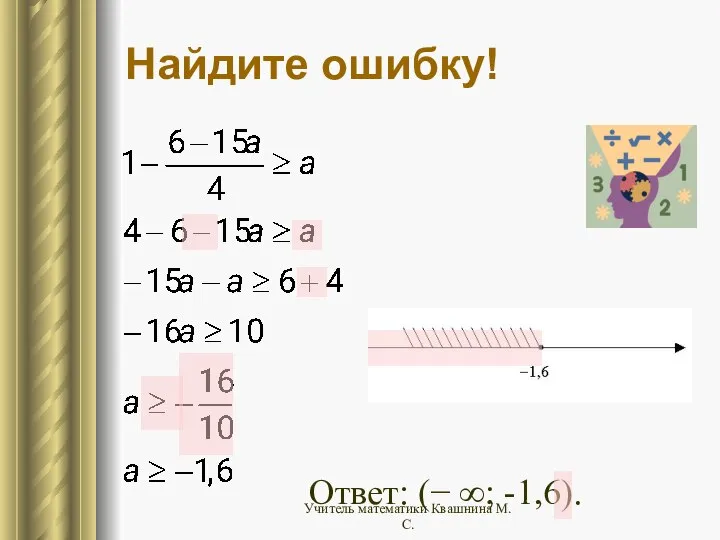 Ответ: (− ∞; -1,6). Найдите ошибку! Учитель математики Квашнина М.С.