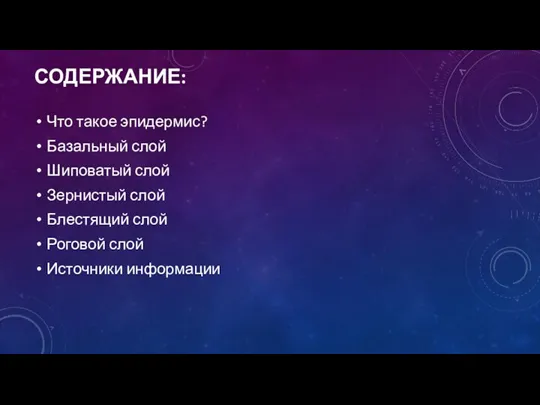 Что такое эпидермис? Базальный слой Шиповатый слой Зернистый слой Блестящий слой Роговой слой Источники информации СОДЕРЖАНИЕ: