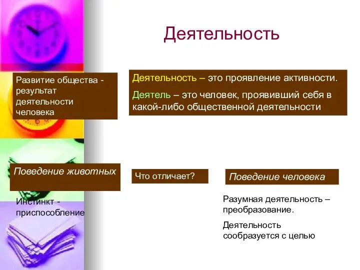 Деятельность Развитие общества -результат деятельности человека Деятельность – это проявление активности. Деятель