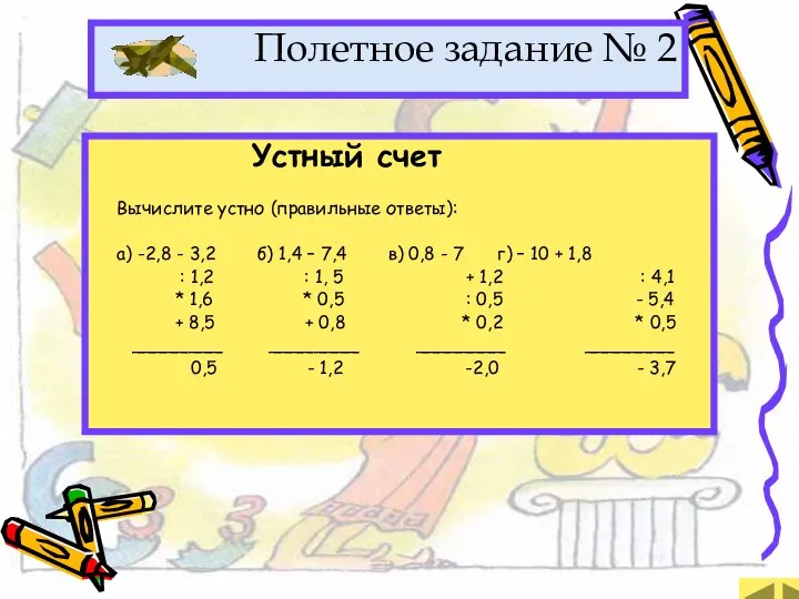 Устный счет Вычислите устно (правильные ответы): а) -2,8 - 3,2 б) 1,4