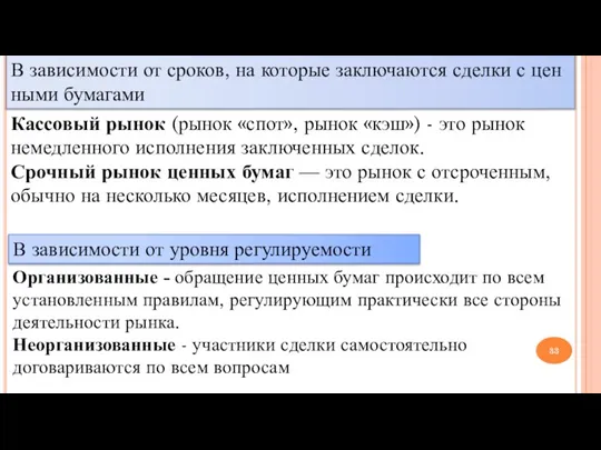 В зависимости от сроков, на которые заключаются сделки с цен­ными бумагами Кассовый