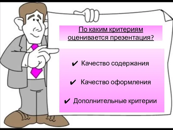 По каким критериям оценивается презентация? Качество содержания Качество оформления Дополнительные критерии