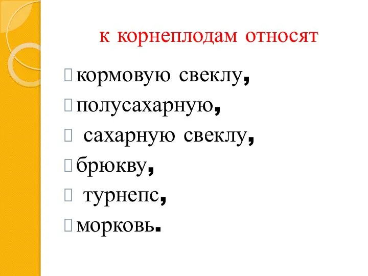 к корнеплодам относят кормовую свеклу, полусахарную, сахарную свеклу, брюкву, турнепс, морковь.