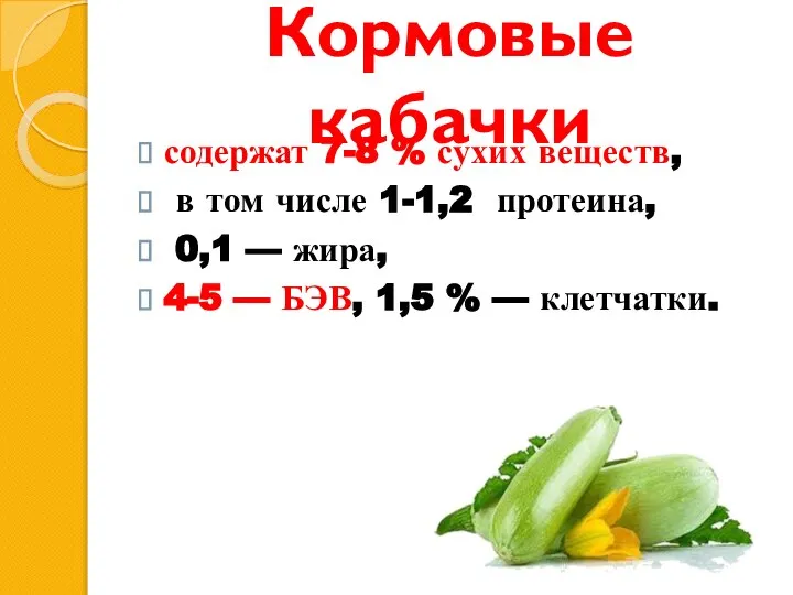 Кормовые кабачки содержат 7-8 % сухих веществ, в том числе 1-1,2 протеина,