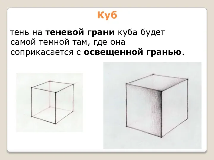 Куб тень на теневой грани куба будет самой темной там, где она соприкасается с освещенной гранью.