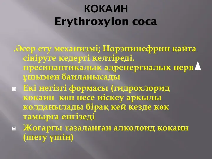 КОКАИН Erythroxylon coca .Әсер ету механизмі; Норэпинефрин қайта сіңіруге кедергі келтіреді.пресинаптикалык адренергиалык