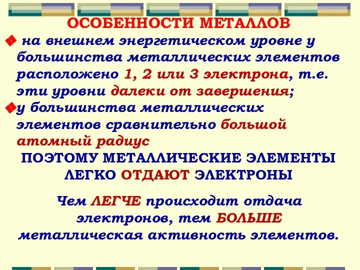 ОСОБЕННОСТИ МЕТАЛЛОВ на внешнем энергетическом уровне у большинства металлических элементов расположено 1,