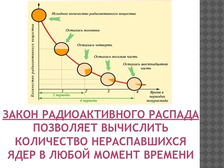 ЗАКОН РАДИОАКТИВНОГО РАСПАДА ПОЗВОЛЯЕТ ВЫЧИСЛИТЬ КОЛИЧЕСТВО НЕРАСПАВШИХСЯ ЯДЕР В ЛЮБОЙ МОМЕНТ ВРЕМЕНИ