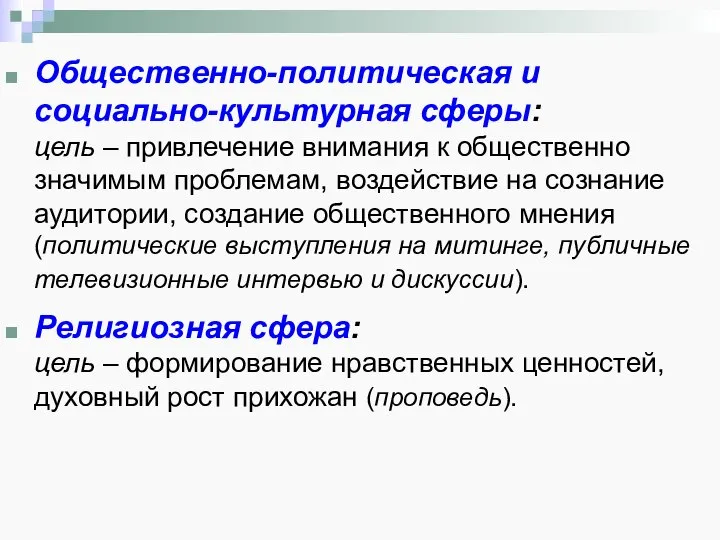 Общественно-политическая и социально-культурная сферы: цель – привлечение внимания к общественно значимым проблемам,