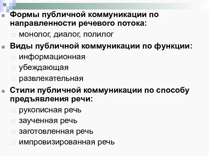 Формы публичной коммуникации по направленности речевого потока: монолог, диалог, полилог Виды публичной