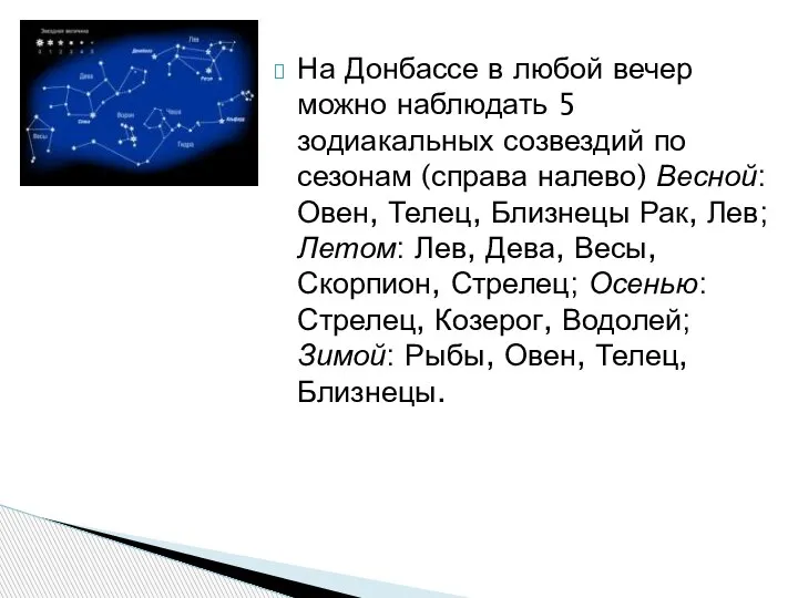 На Донбассе в любой вечер можно наблюдать 5 зодиакальных созвездий по сезонам
