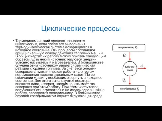 Циклические процессы Термодинамический процесс называется циклическим, если после его выполнения термодинамическая система