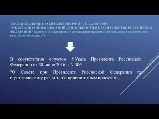 ПОСТАНОВЛЕНИЕ ПРАВИТЕЛЬСТВА РФ ОТ 15.10.2016 N 1050 "ОБ ОРГАНИЗАЦИИ ПРОЕКТНОЙ ДЕЯТЕЛЬНОСТИ В