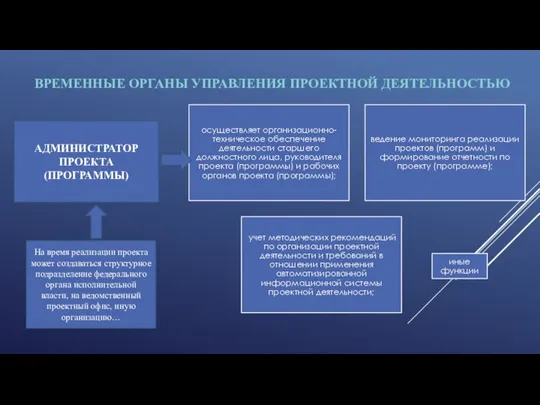 ВРЕМЕННЫЕ ОРГАНЫ УПРАВЛЕНИЯ ПРОЕКТНОЙ ДЕЯТЕЛЬНОСТЬЮ На время реализации проекта может создаваться структурное