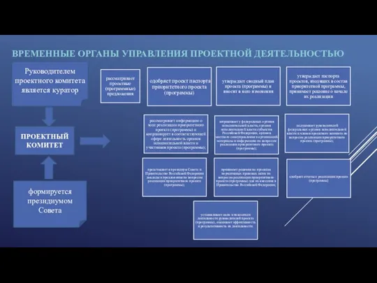 ВРЕМЕННЫЕ ОРГАНЫ УПРАВЛЕНИЯ ПРОЕКТНОЙ ДЕЯТЕЛЬНОСТЬЮ формируется президиумом Совета Руководителем проектного комитета является куратор ПРОЕКТНЫЙ КОМИТЕТ