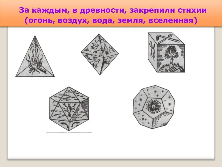 За каждым, в древности, закрепили стихии(огонь, воздух, вода, земля, вселенная)