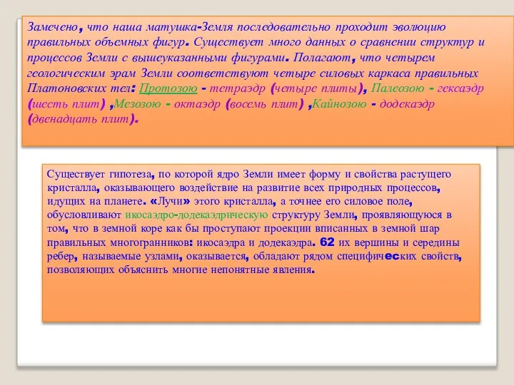 Замечено, что наша матушка-Земля последовательно проходит эволюцию правильных объемных фигур. Существует много