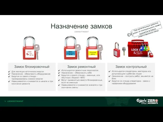 LOCKOUT/TAGOUT При длительных работах ключ от контрольного замка хранится в боксе ответственного лица