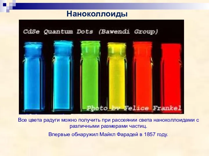 Наноколлоиды Все цвета радуги можно получить при рассеянии света наноколлоидами с различными