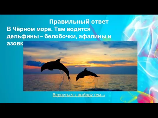 Вернуться к выбору тем→ Правильный ответ В Чёрном море. Там водятся дельфины