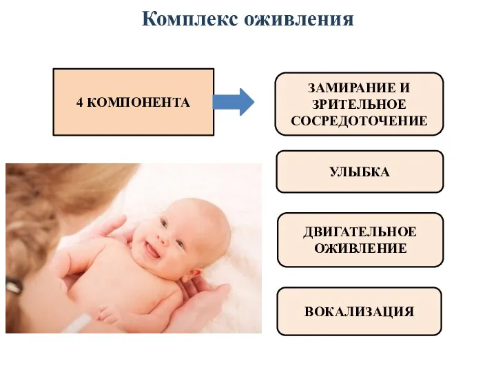 Комплекс оживления 4 КОМПОНЕНТА ВОКАЛИЗАЦИЯ УЛЫБКА ЗАМИРАНИЕ И ЗРИТЕЛЬНОЕ СОСРЕДОТОЧЕНИЕ ДВИГАТЕЛЬНОЕ ОЖИВЛЕНИЕ