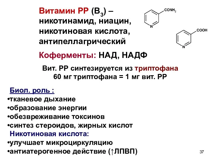 Витамин РР (В3) – никотинамид, ниацин, никотиновая кислота, антипеллагрический Коферменты: НАД, НАДФ