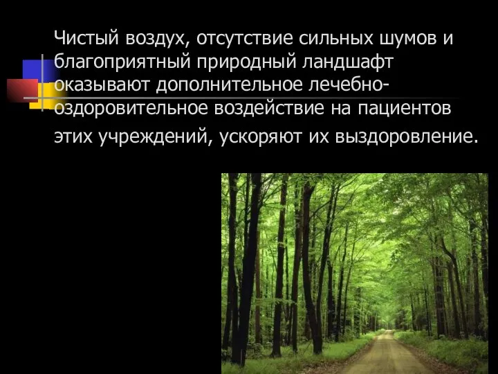 Чистый воздух, отсутствие сильных шумов и благоприятный природный ландшафт оказывают дополнительное лечебно-оздоровительное