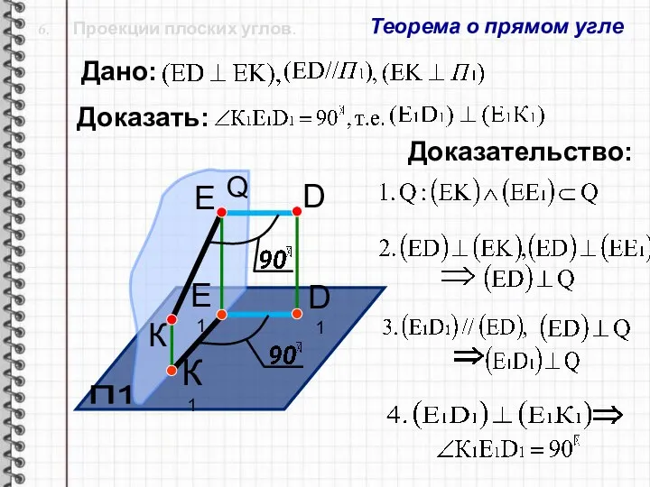 6. Проекции плоских углов. Теорема о прямом угле П1 D1 D К1
