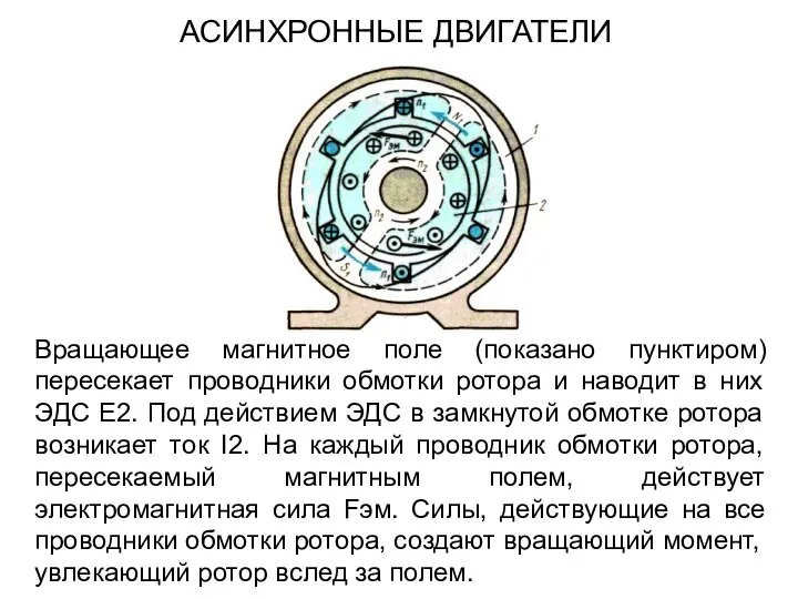 Вращающее магнитное поле (показано пунктиром) пересекает проводники обмотки ротора и наводит в