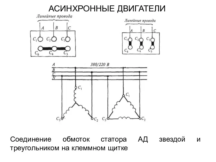 Соединение обмоток статора АД звездой и треугольником на клеммном щитке АСИНХРОННЫЕ ДВИГАТЕЛИ