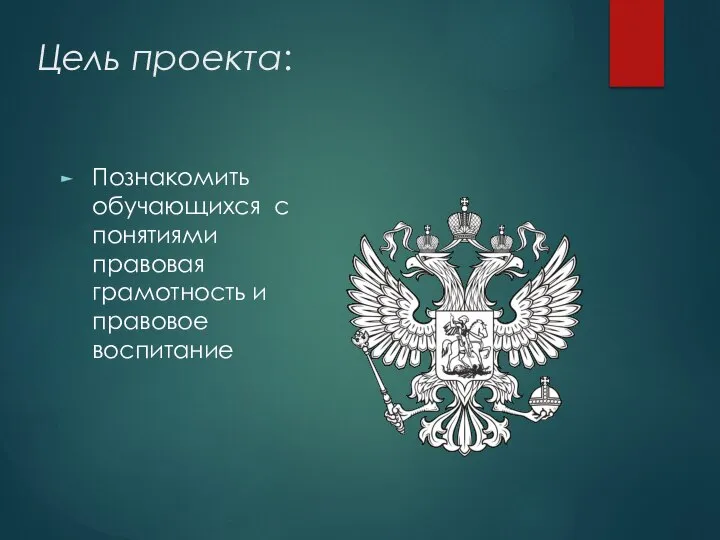 Цель проекта: Познакомить обучающихся с понятиями правовая грамотность и правовое воспитание