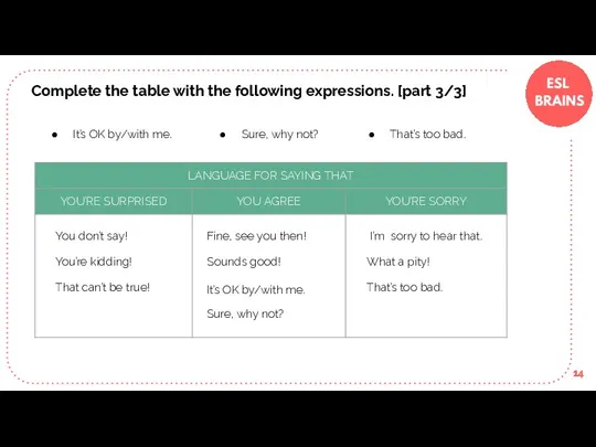 Complete the table with the following expressions. [part 3/3] Fine, see you