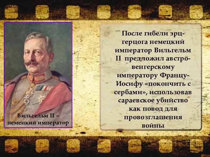 После гибели эрц-герцога немецкий император Вильгельм II предложил австро-венгерскому императору Францу-Иосифу «покончить